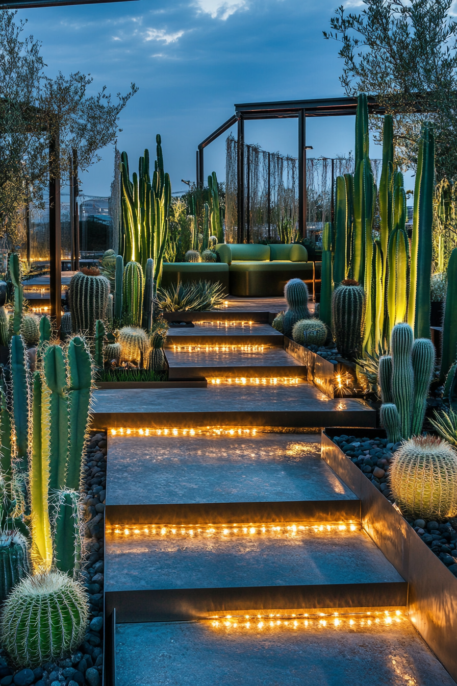 Space display. Metallic surfaces with illuminated cacti collection and compact rooftop seating.