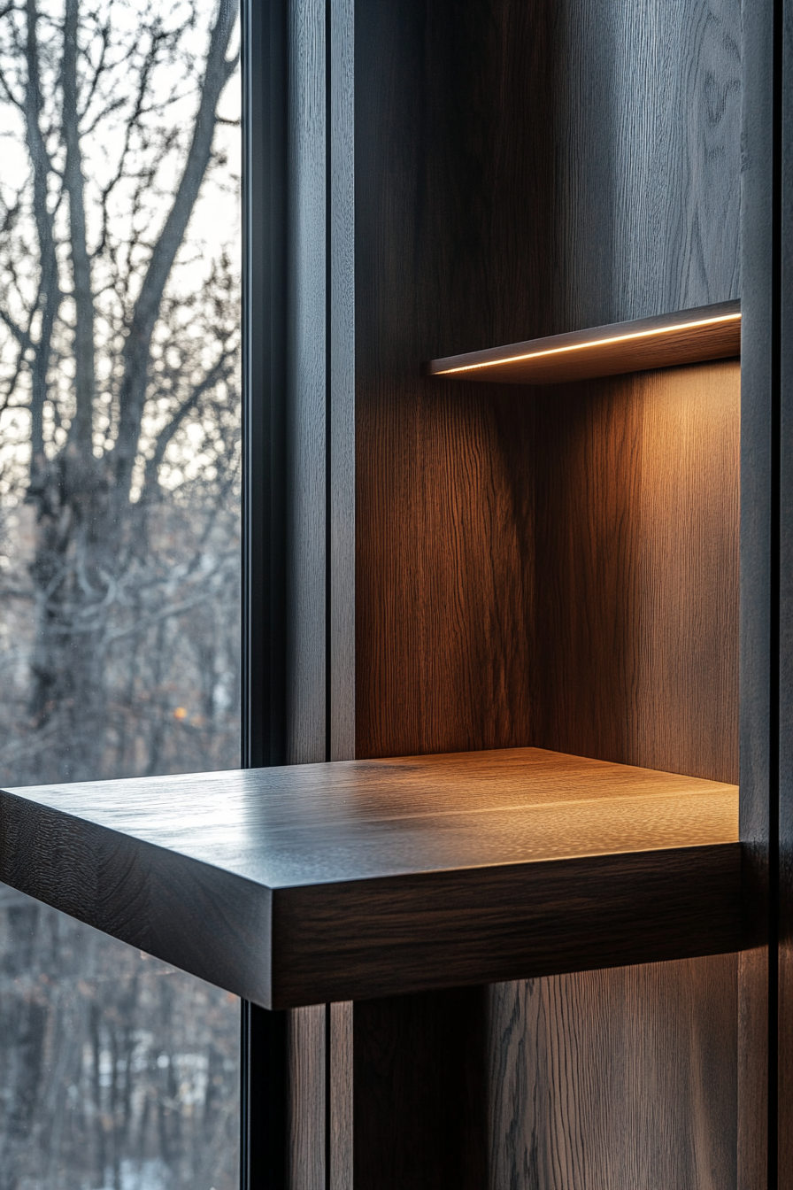 Window alcove concept. Floating bench with espresso finish and built-in hidden storage.