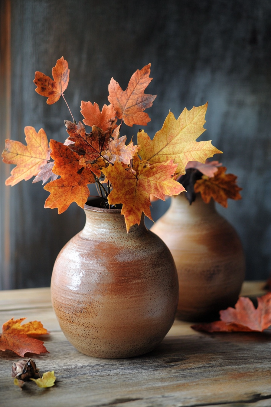 Fall RV decor. Rustic earthenware vases with imperfect autumn leaves.