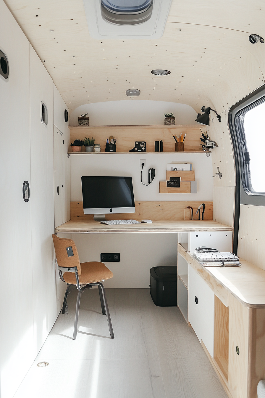 Remote work camper interior. White walls with plywood workstation and shelves.