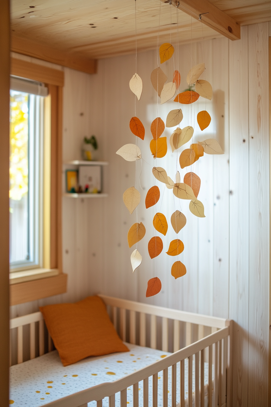 Tiny house nursery. Skeleton-leaf mobile hanging above parquetry crib.