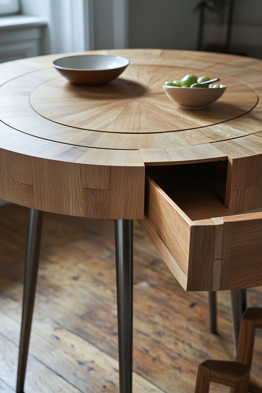 Hidden compartment dining table. Circular shape with steel legs and light oak top.