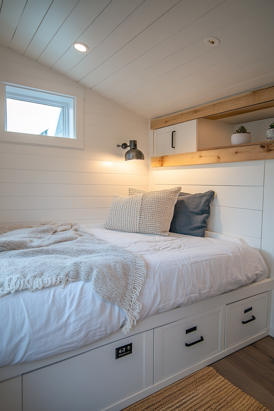 Tiny house bedroom. Minimalist white and pine design with wall-mounted nightstands, hidden storage bed.