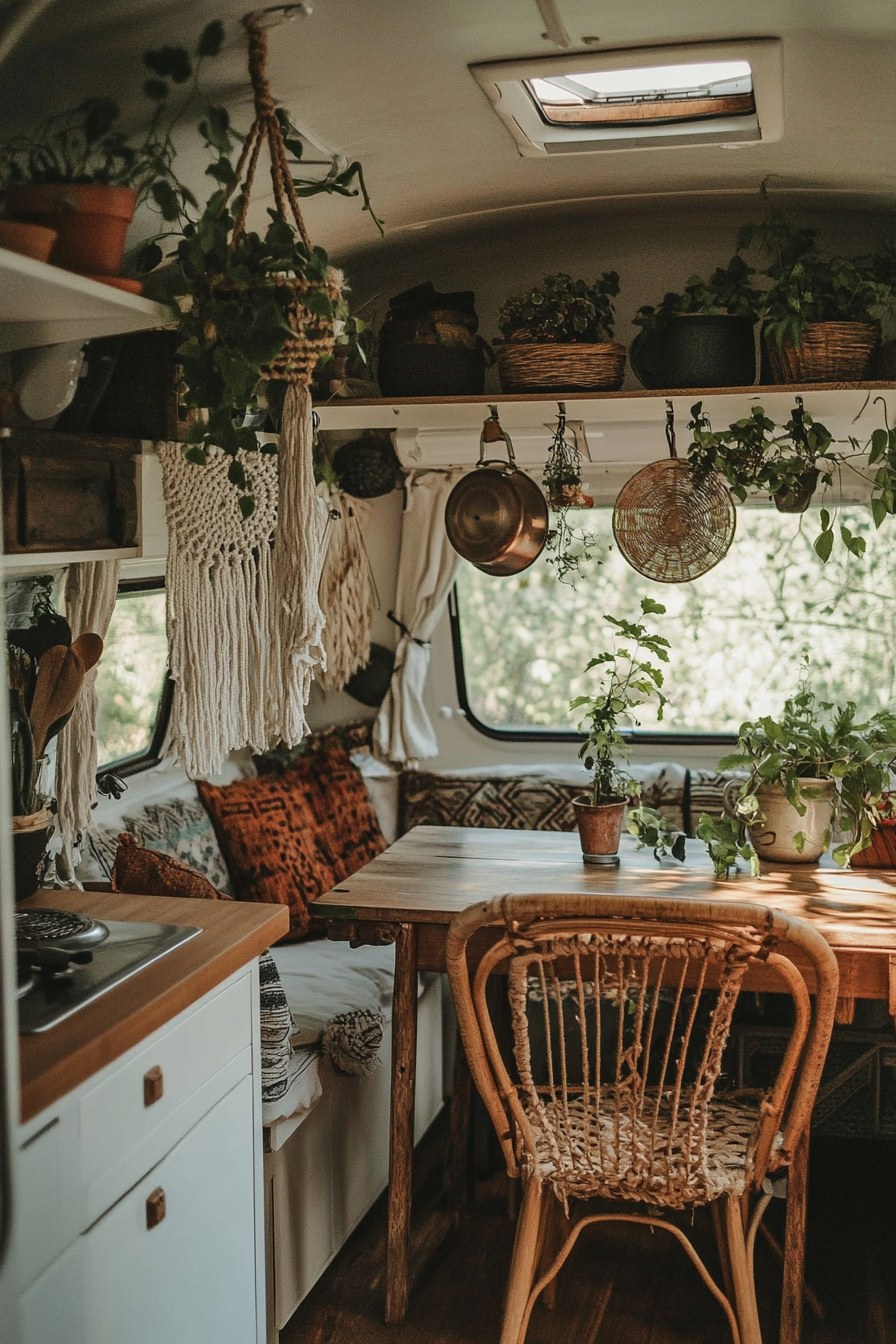 Bohemian camper kitchen. Spiral macramé plant hangers and rattan dining chairs.