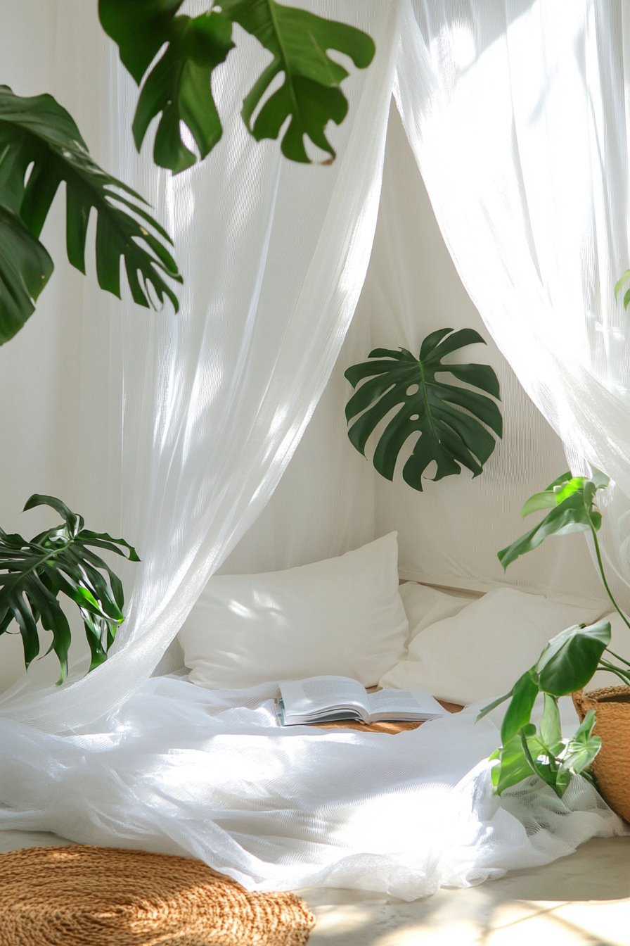 Sleeping nook. White mosquito net drape and Monstera Deliciosa plant.