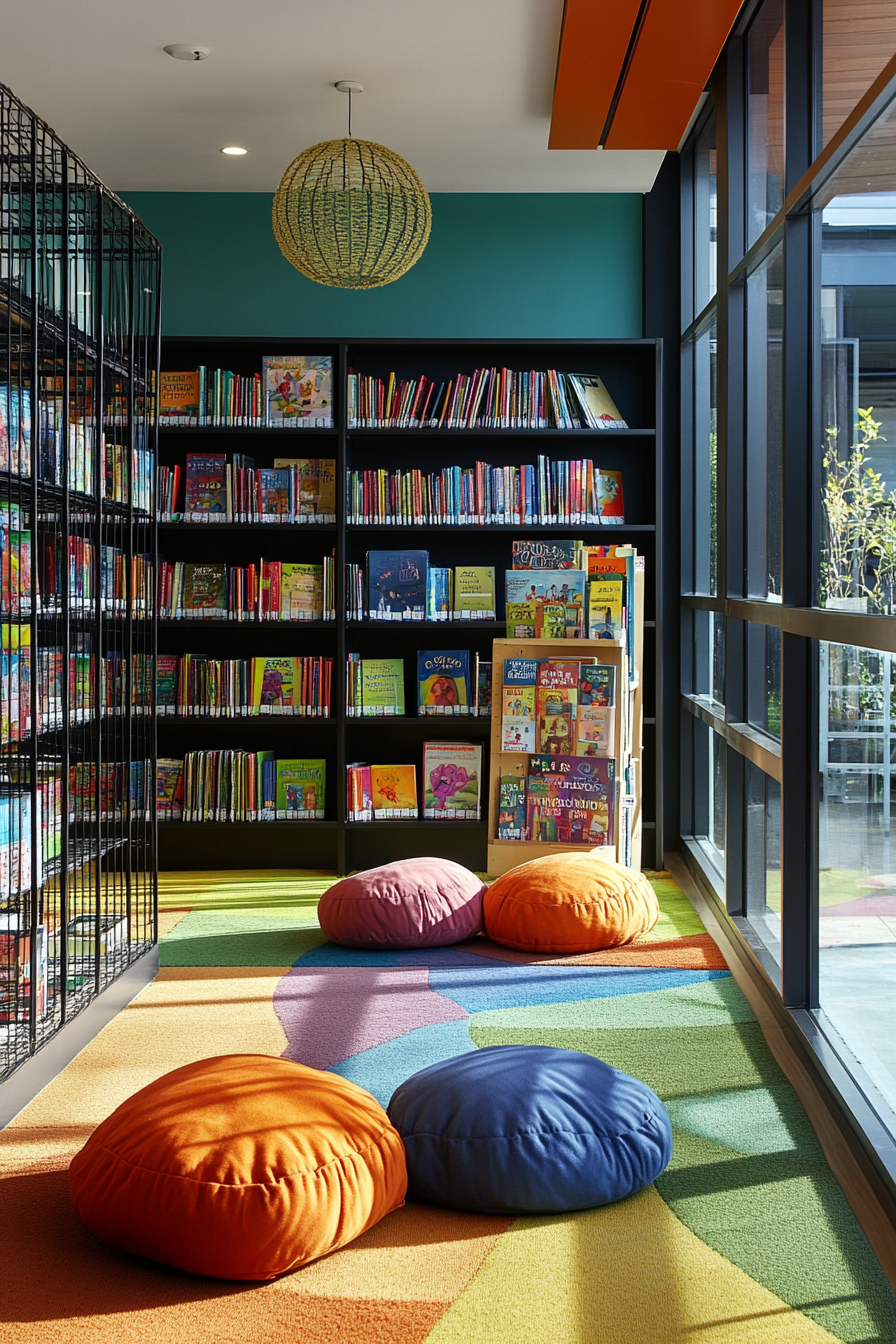 Child-sized library concept. Floor cushions and coated wire book display.