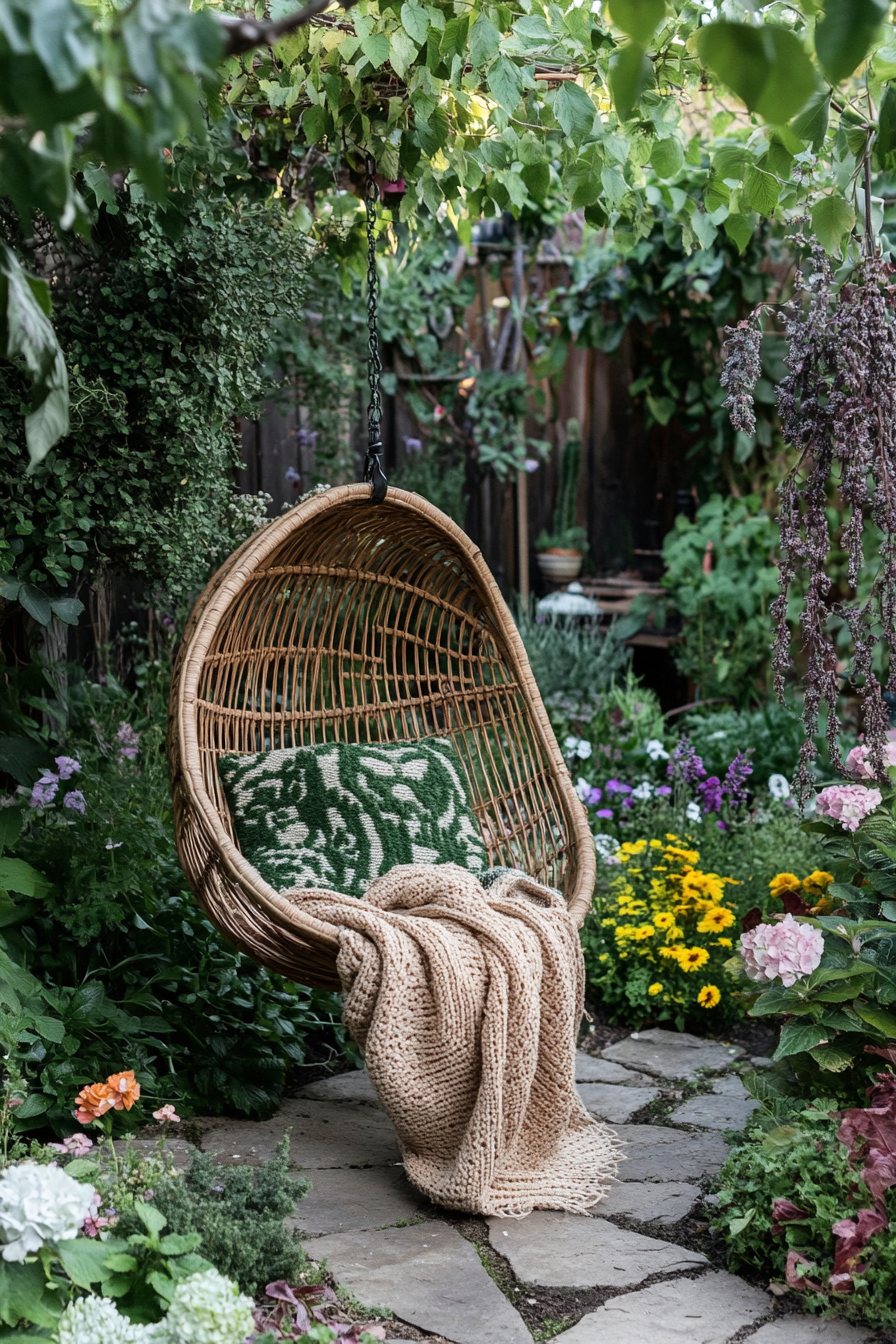 Outdoor space. Hanging rattan chair with knitted throw in a verdant garden.