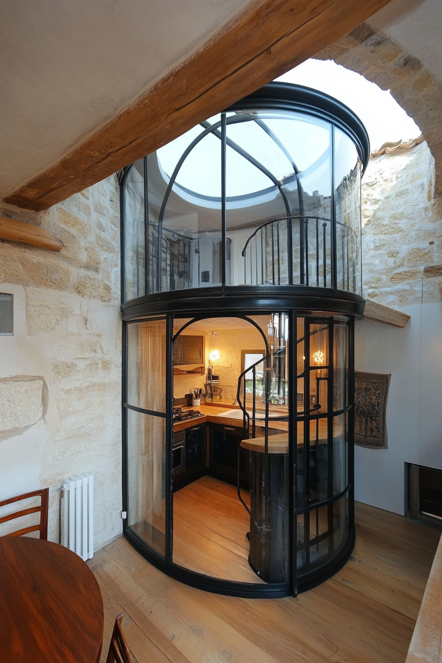 Micro living concept. Glass-domed top floor with a spiral wrought-iron staircase.