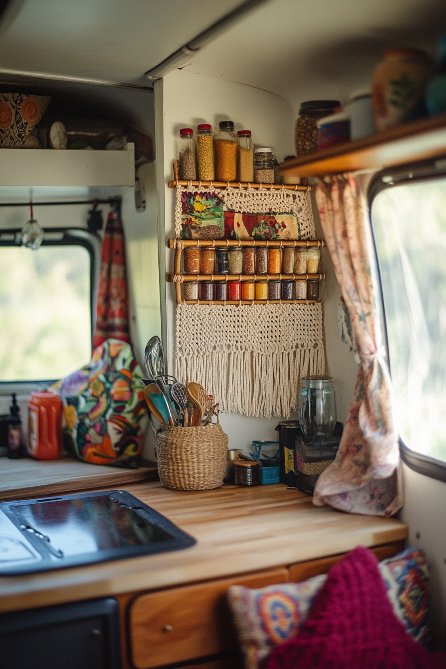 Bohemian camper kitchen. Rattan spice rack hanging on macramé wall art.