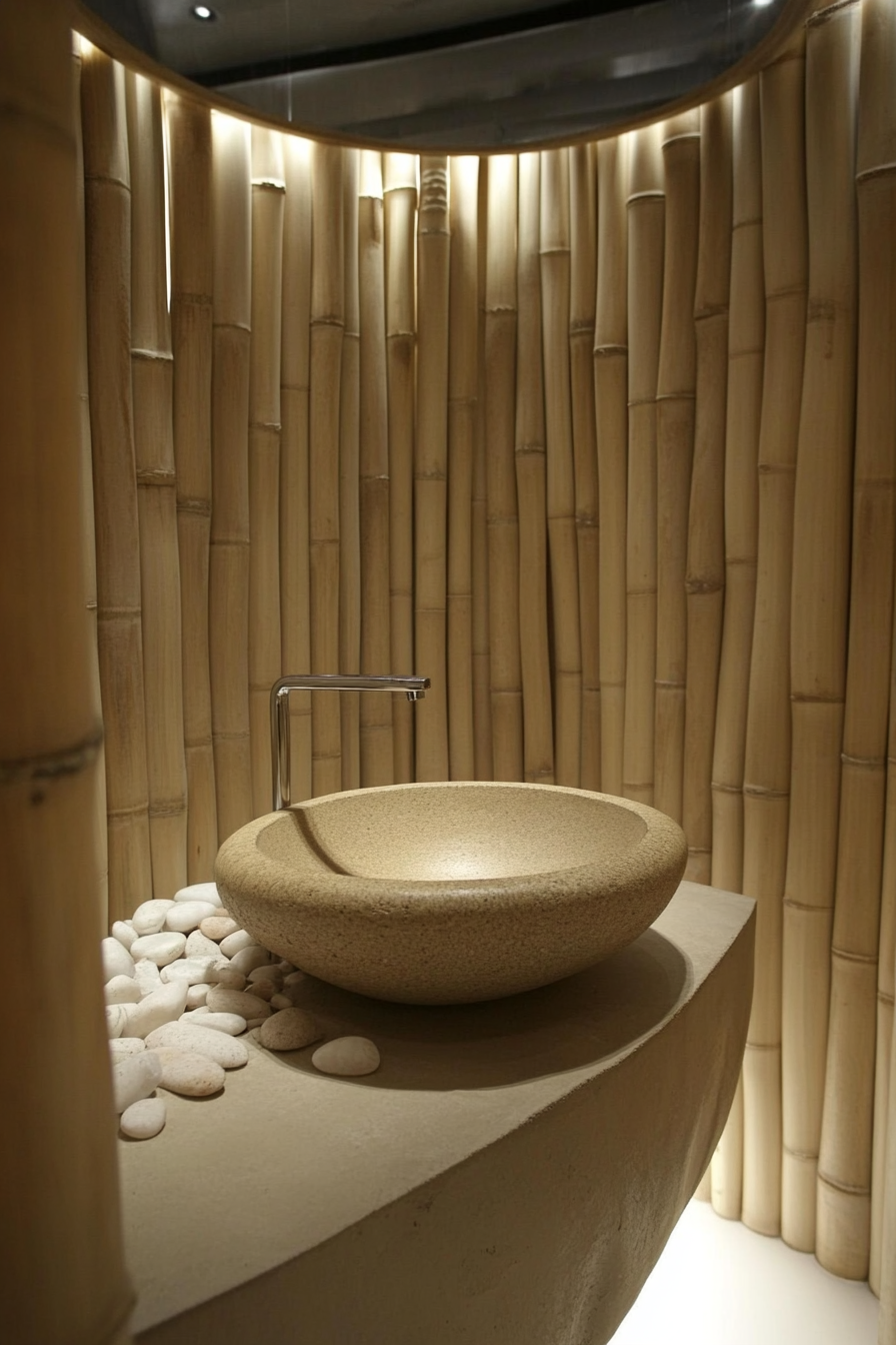 Tiny eco-bathroom concept. Bamboo shower partition and river rock sink basin.