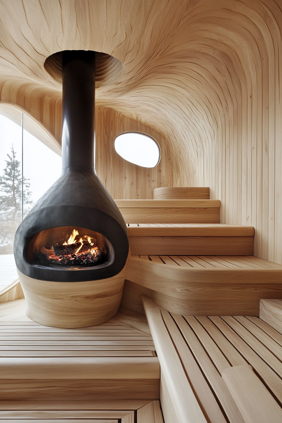 Sauna room design. Wood-burning stove with three-tiered cedar bench.