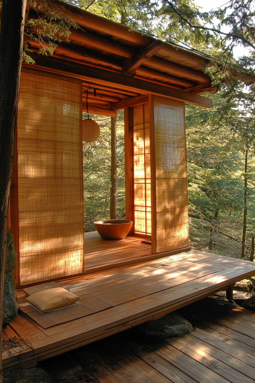 Elevated platform Zen camp concept. Cinnamon-tinted sliding shoji screen.