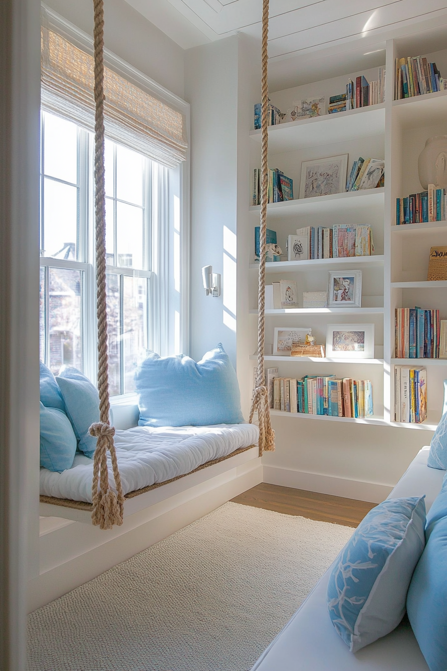 Reading sanctuary. White bookshelves, sky blue pillows, rope swing chair.