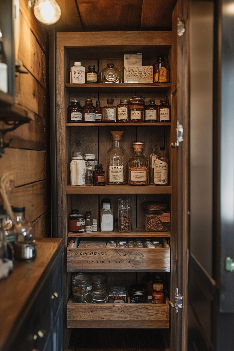 Tiny house storage solution. roll-out vintage apothecary cabinet.