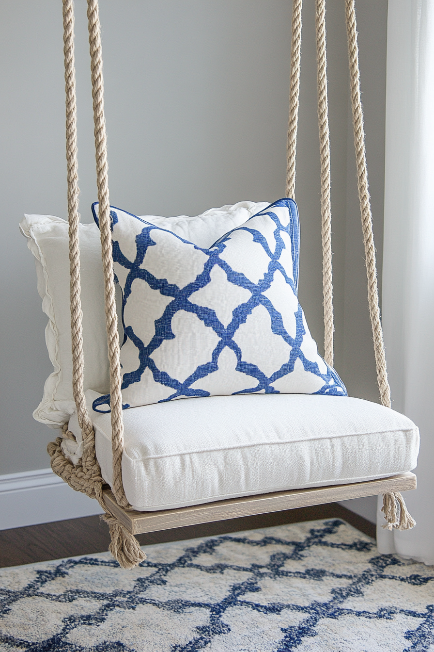 Reading sanctuary. Rope swing chair with white and blue throw pillow.