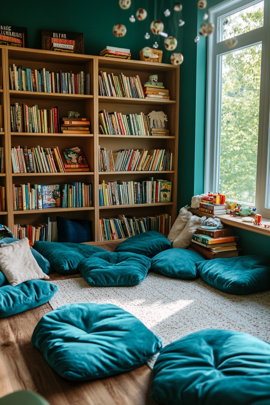 Child-sized library concept. Teal floor cushions scattered near a low, wooden bookshelf.