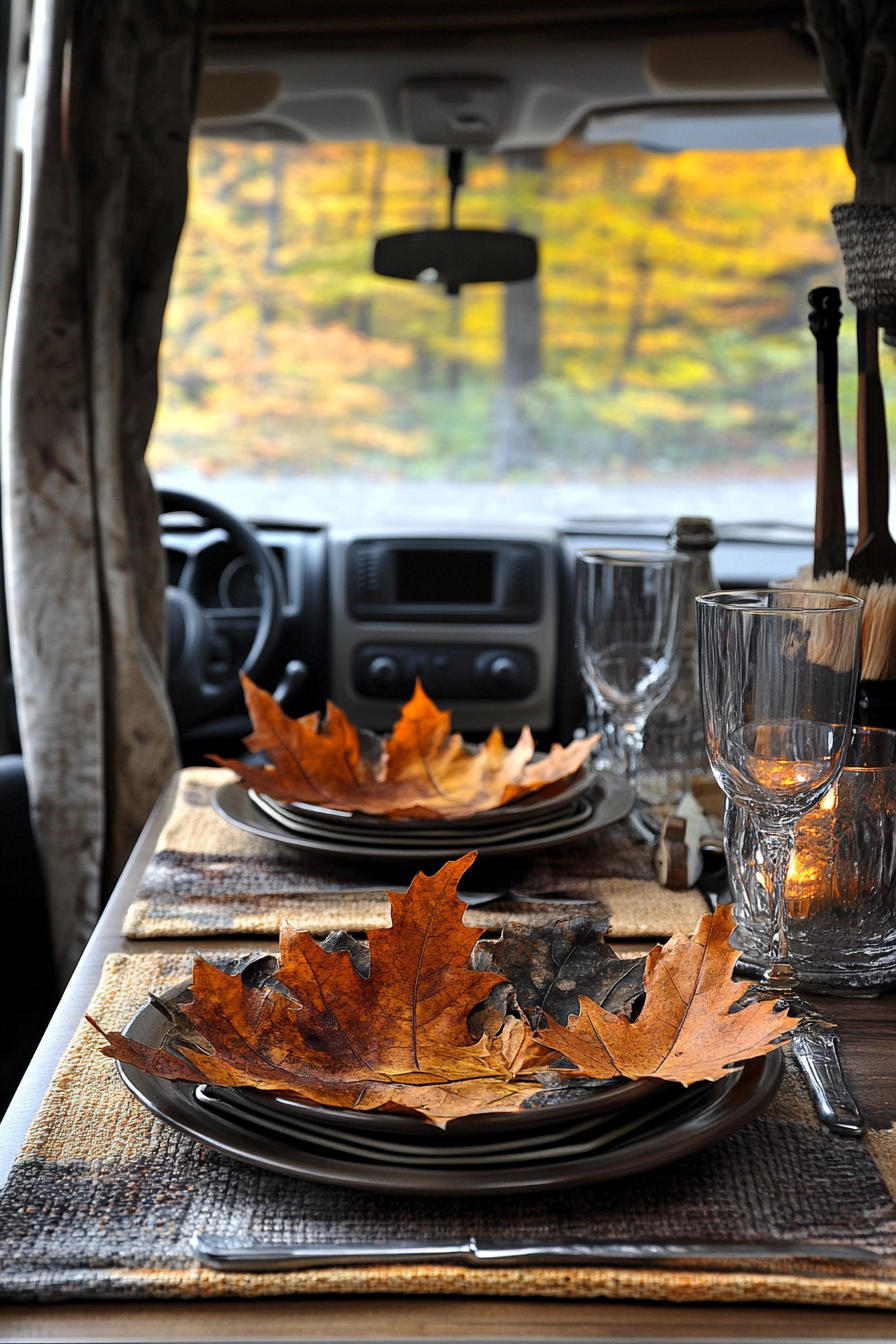 Fall RV decor. Rust-colored chipped-leaf centerpieces.