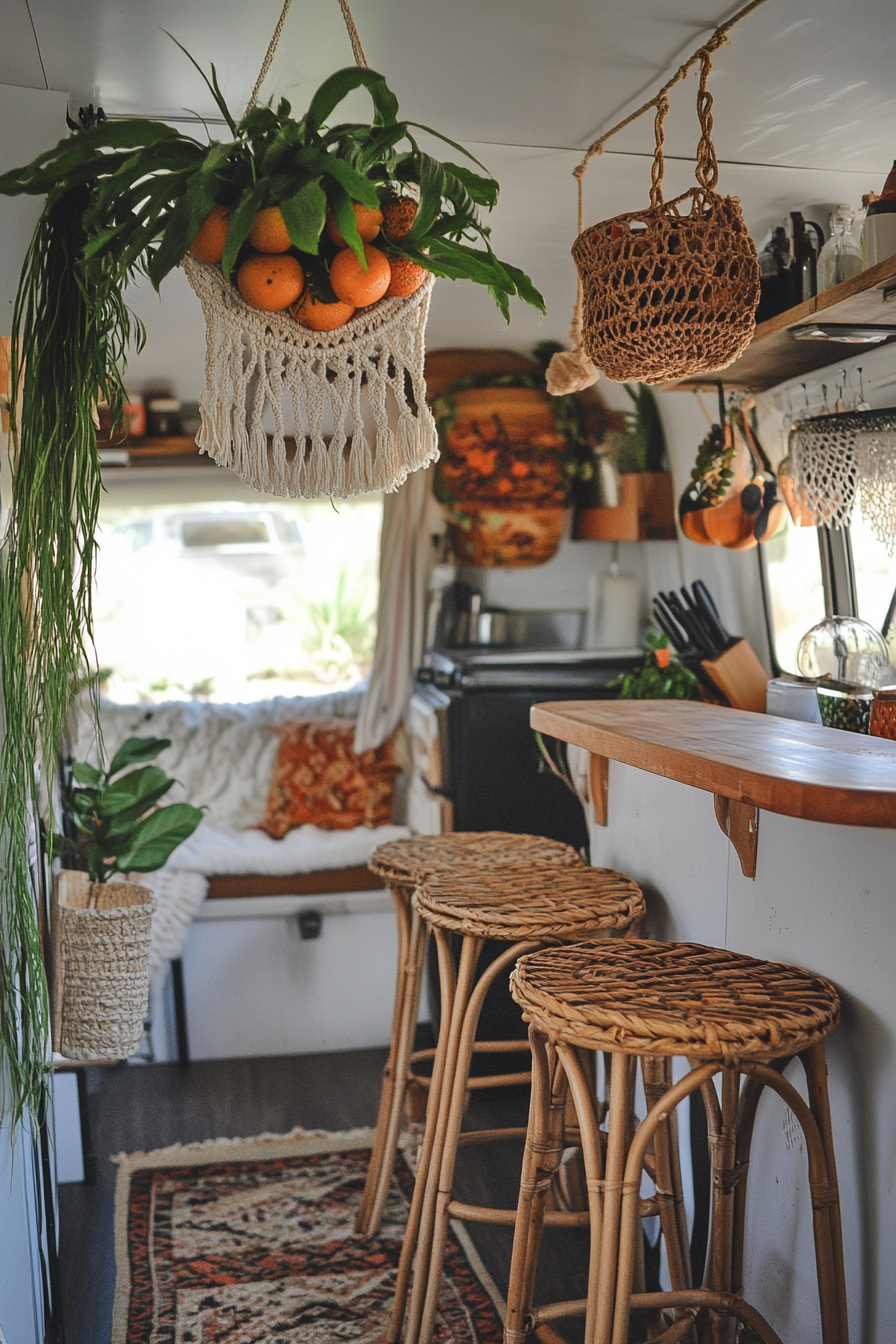 Bohemian camper kitchen. Macramé fruit hanging basket and rattan bar stools.