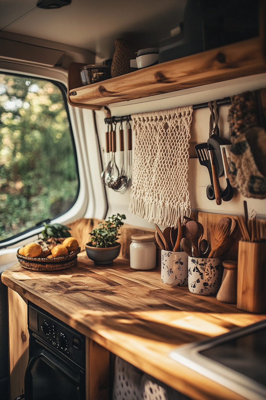 Bohemian camper kitchen. Warm-toned wooden kitchen table accentuated by macramé utensils holder.