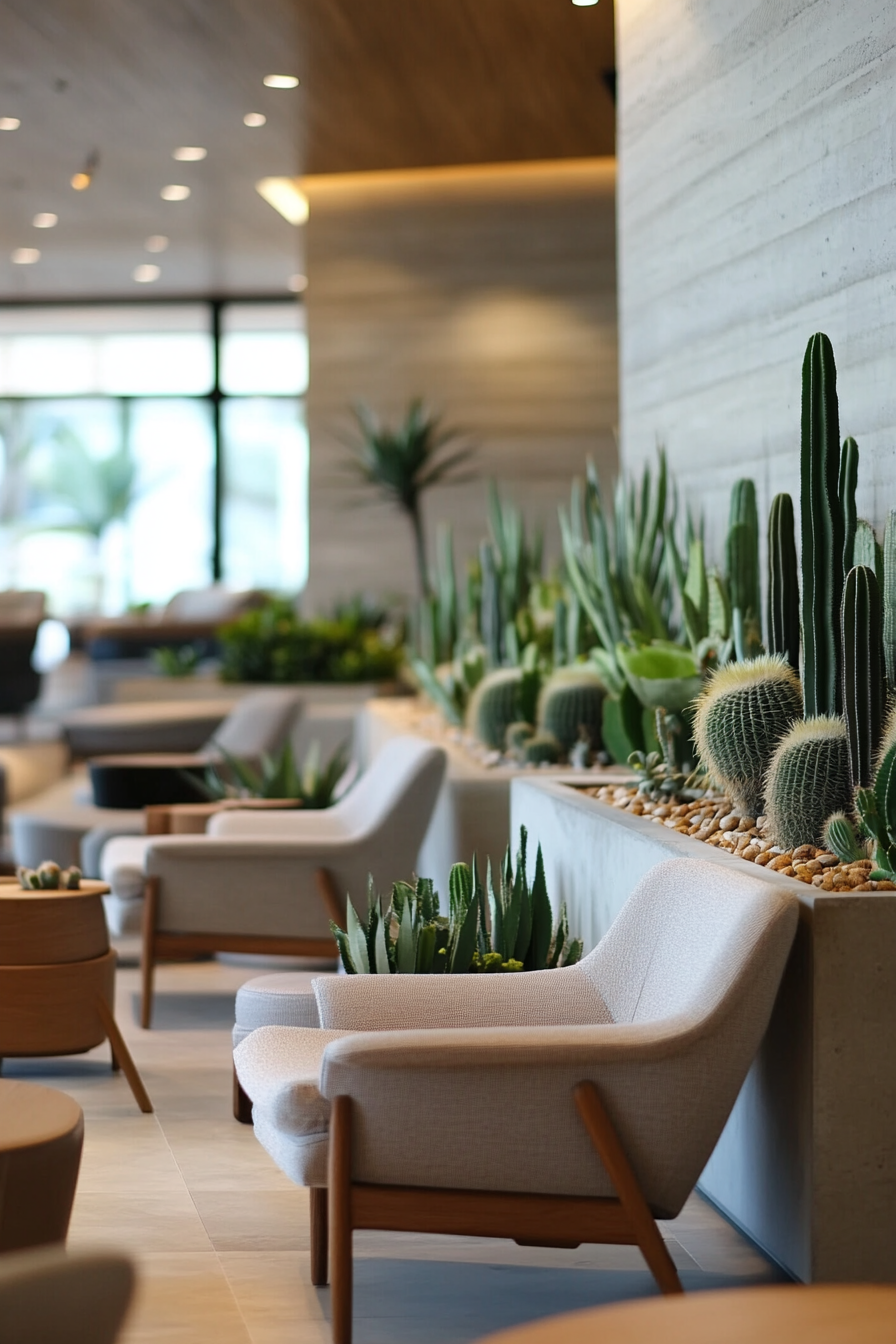 Space interior. Muted colors, empty terrazo wall displaying cacti planters, modular beige seating.