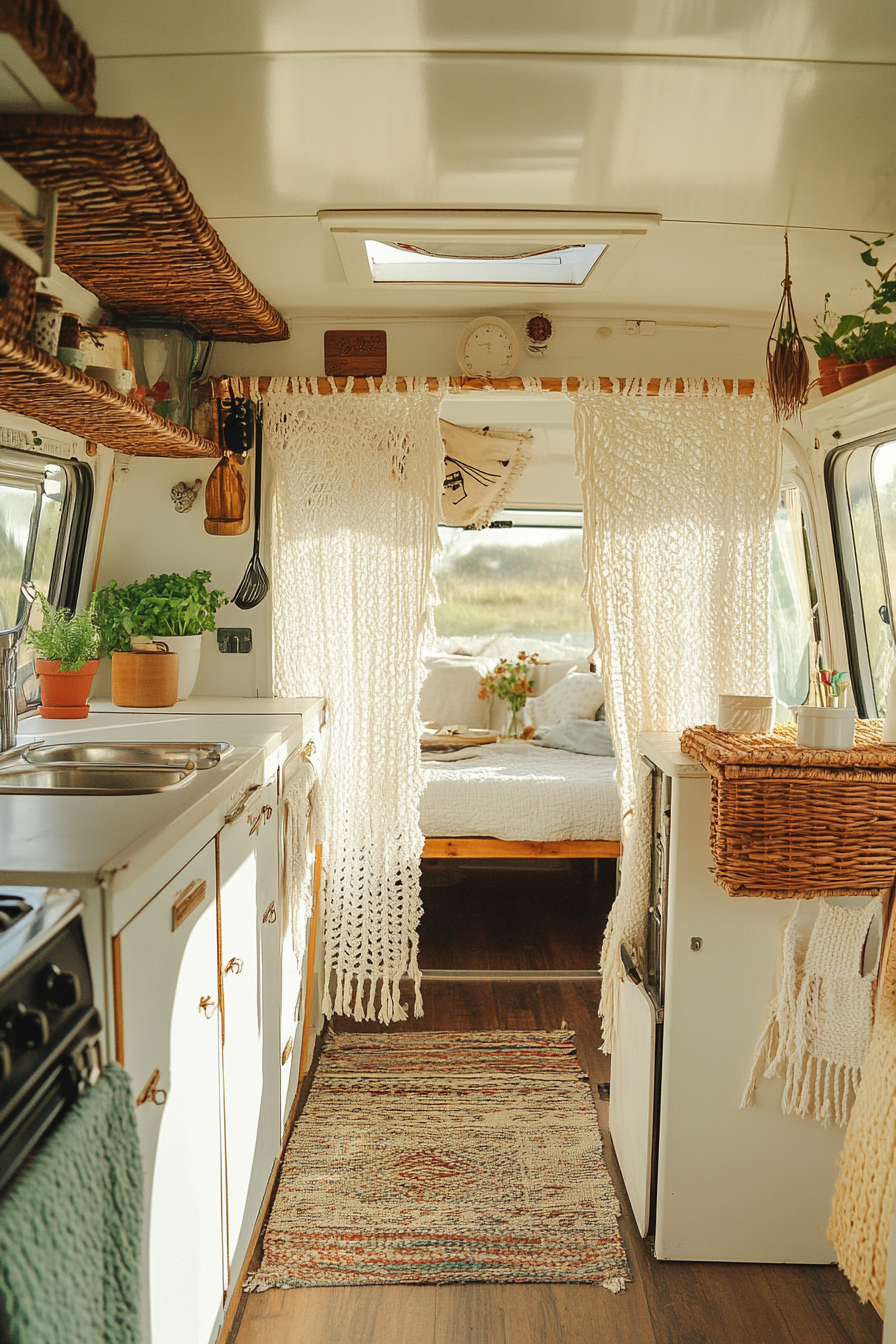 Bohemian camper kitchen. White macramé curtains with rattan shelf.