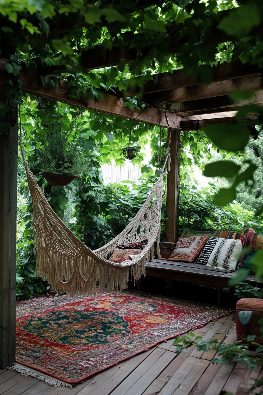 Bohemian patio. Macramé hanging chair, layered kilim rugs, green canopies.