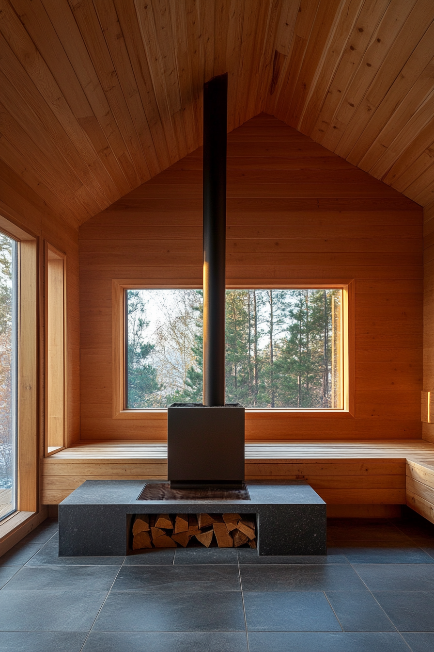 Sauna room design. Traditional wood-burning stove with three-level cedar bench.