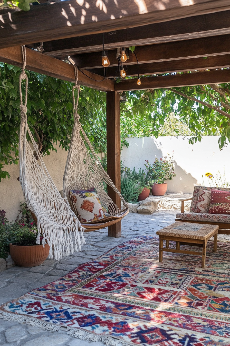 Bohemian patio. Macramé canopy with hanging teak chair and multi-colored kilim rug.