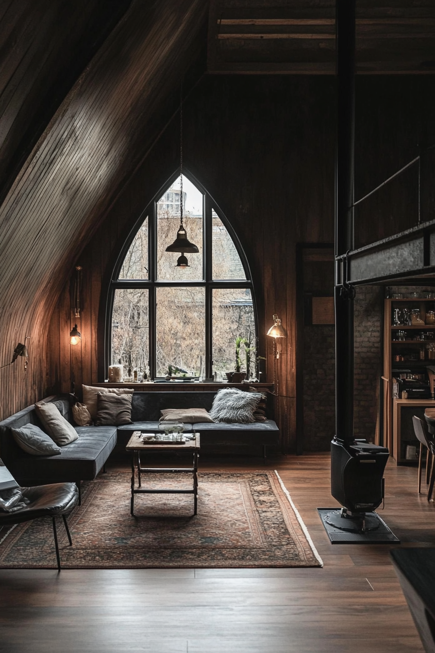 Micro living idea. Pointed arch windows in a dark wood-paneled loft.