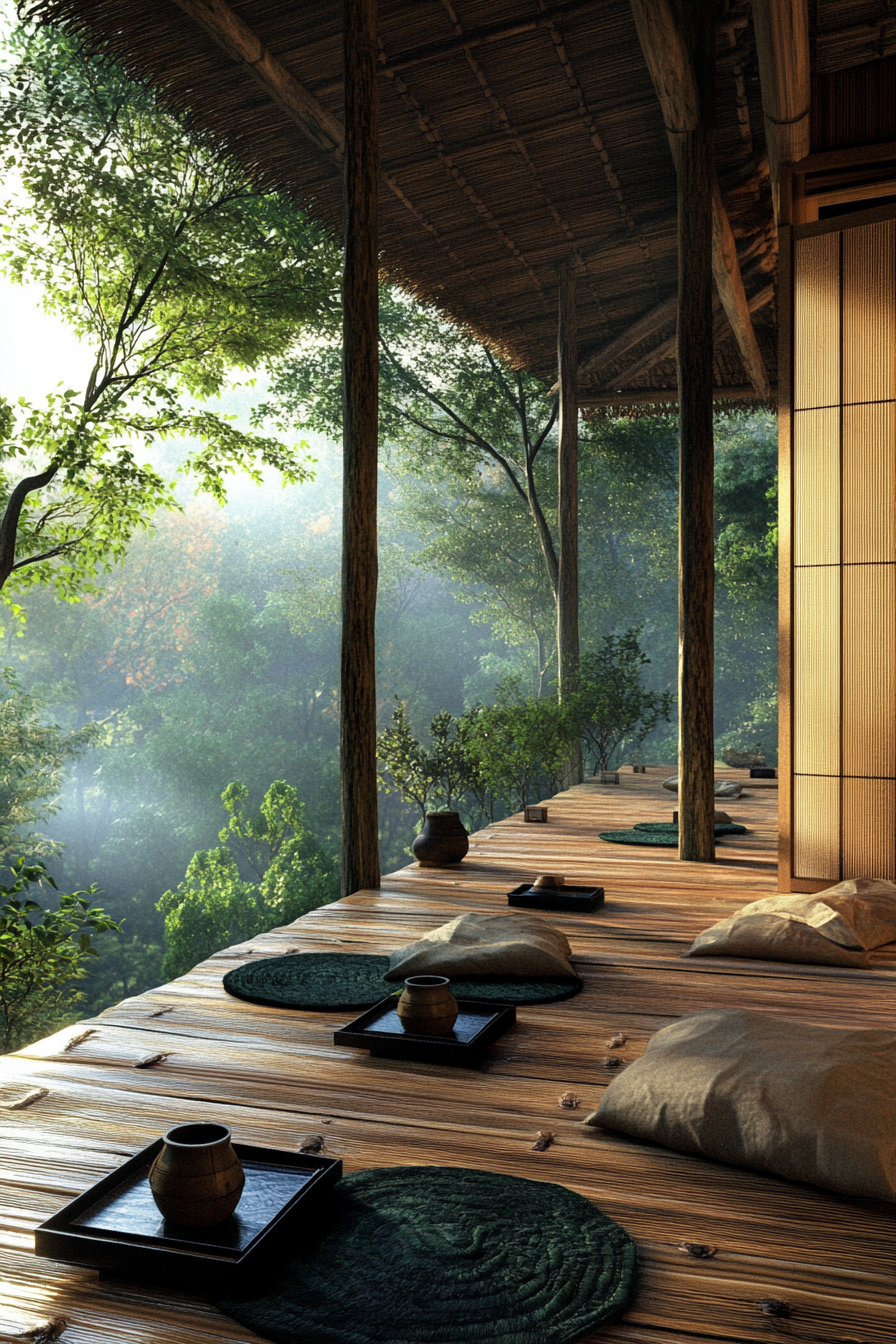 Elevated platform zen camp concept. Bamboo sliding shoji screens, tatami mat platform.