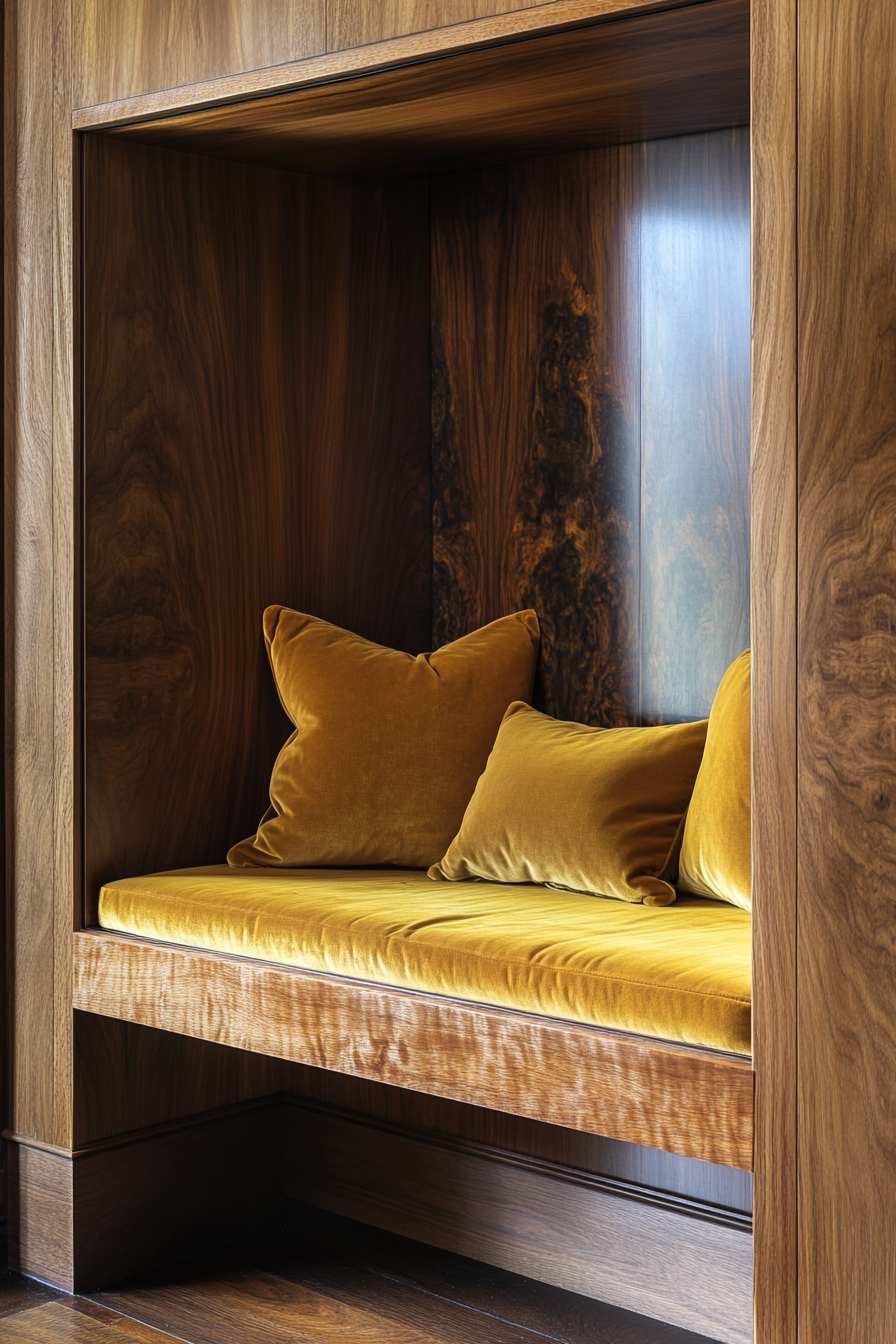 Hidden storage window alcove concept. Burled walnut floating bench with saffron silk cushions.