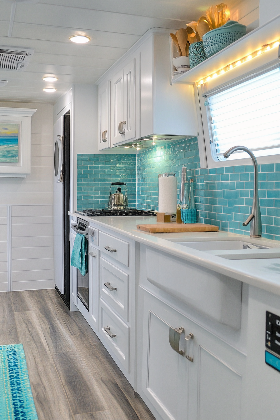 Coastal RV Kitchen. White cabinets with turquoise subway tile backsplash.