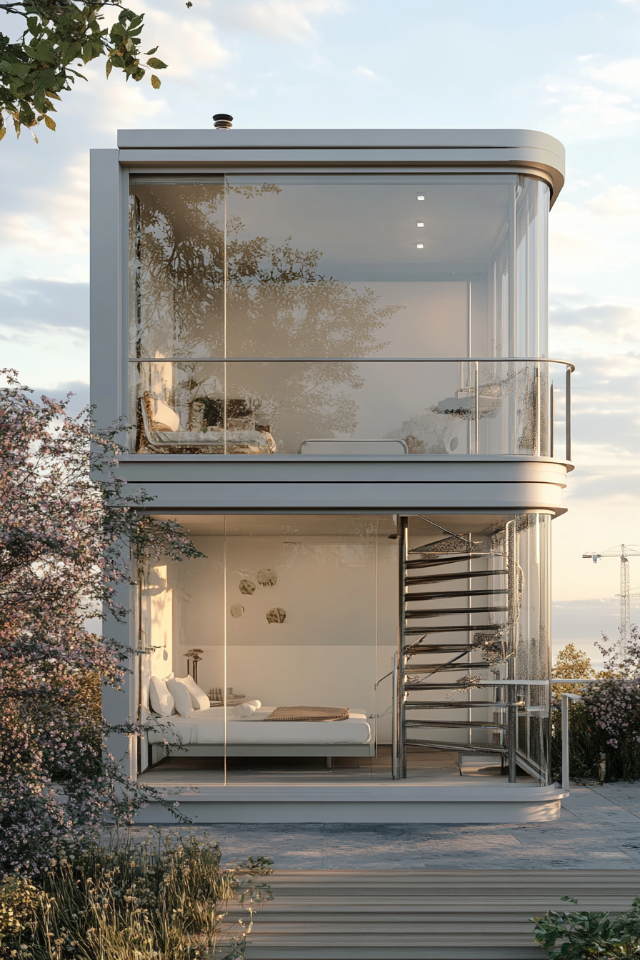 Micro living concept. Top floor with spiral staircase to a panoramic rooftop terrace.