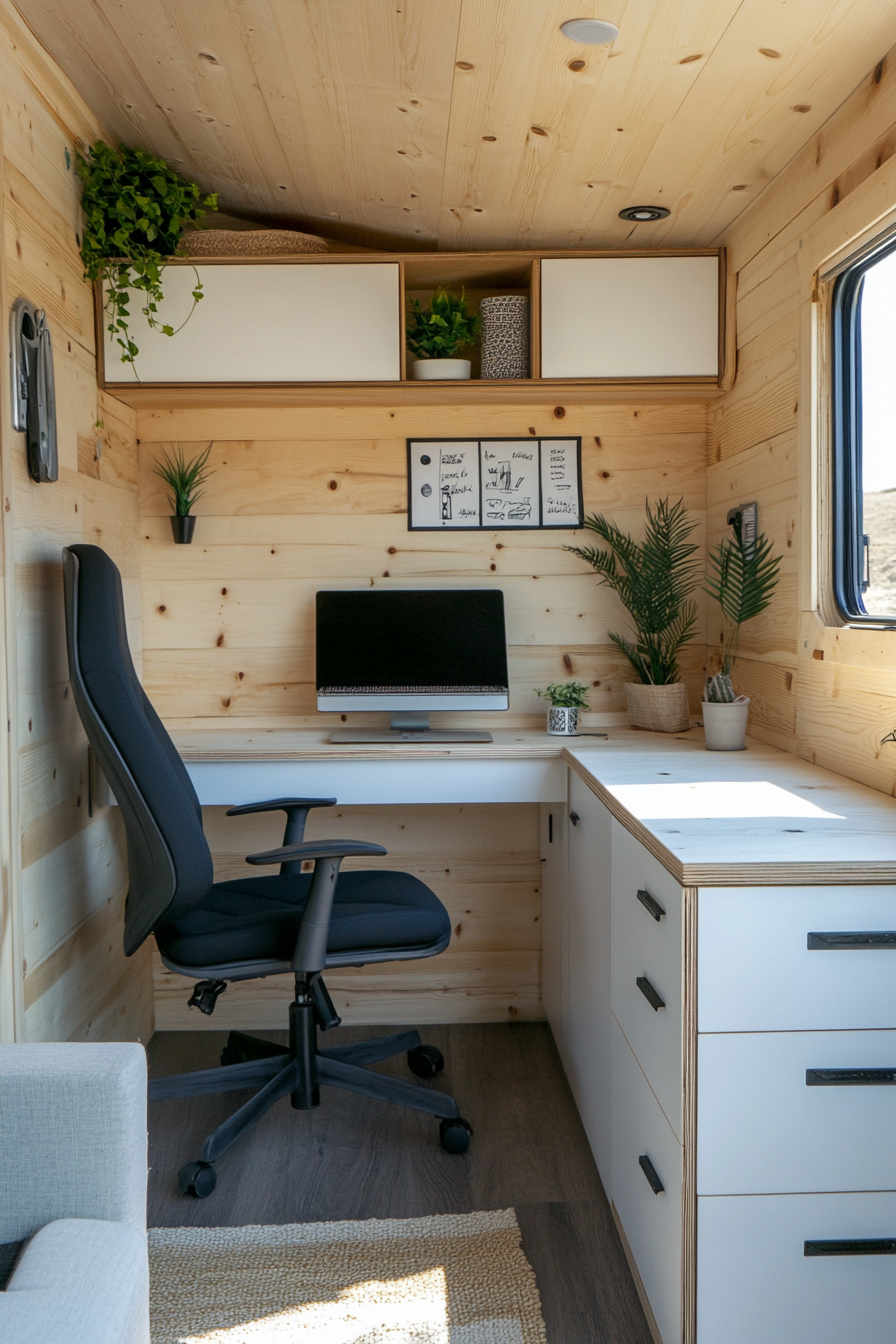 Remote work camper interior. white-built in desk and plywood covered walls