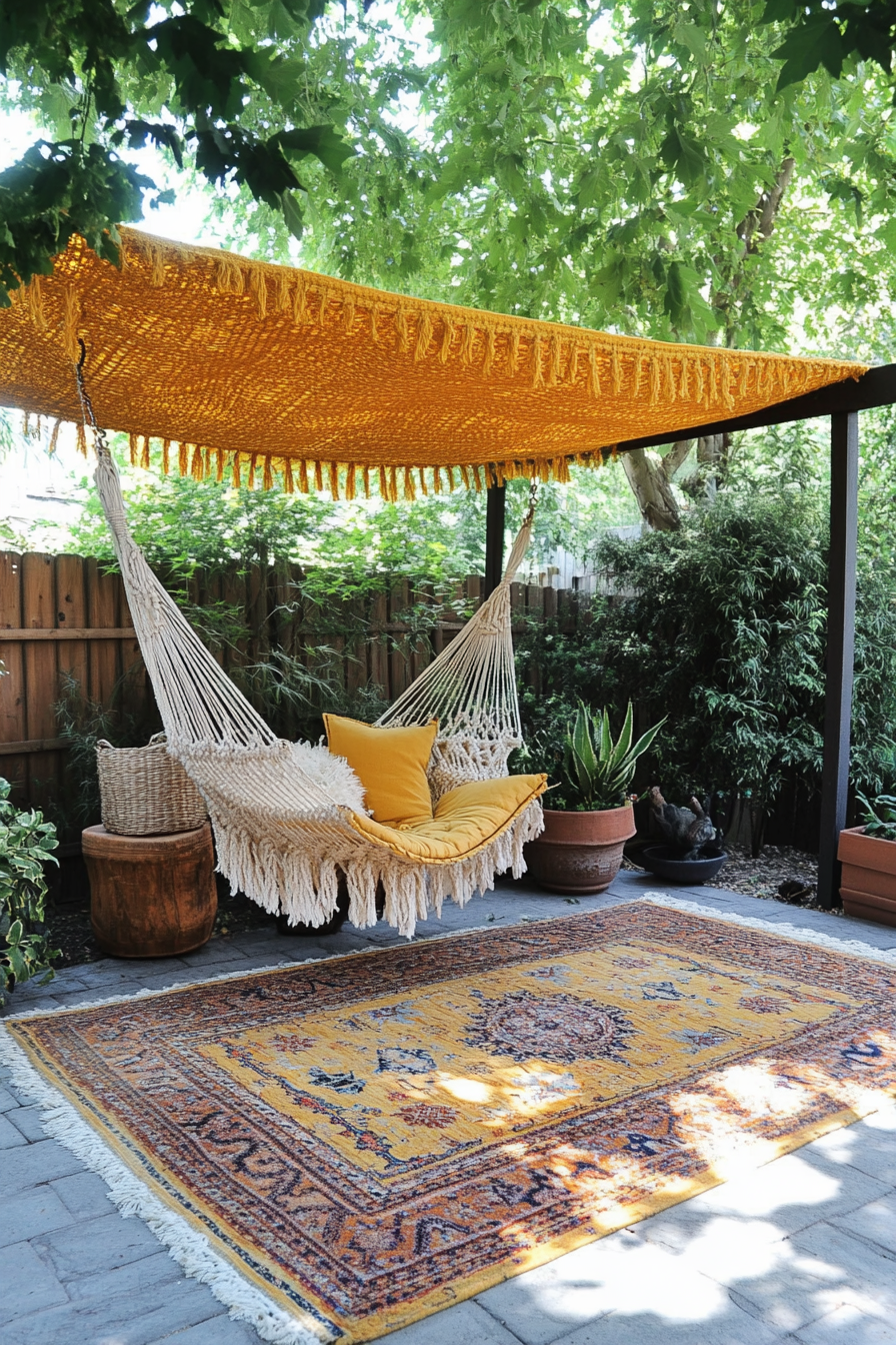 Bohemian patio. Macramé hanging chair under sunflower yellow canopy, vintage Kilim rug.