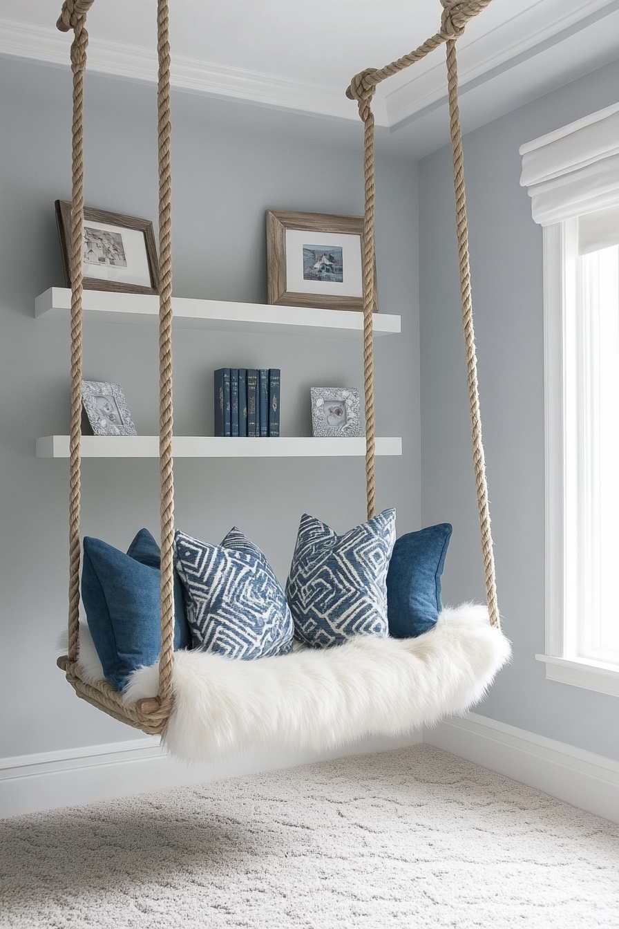 Reading sanctuary. White shelves, blue throw pillows, rope swing chair with a fur blanket.