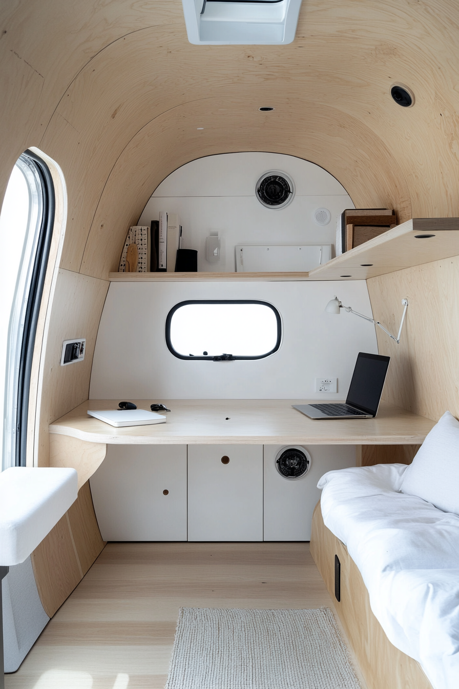 Remote work camper interior. Sleek white storage, plywood flooring.