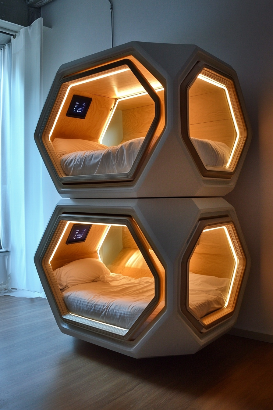 Micro living concept. Hexagonal sleeping pods stacked with LED touch screen controls.