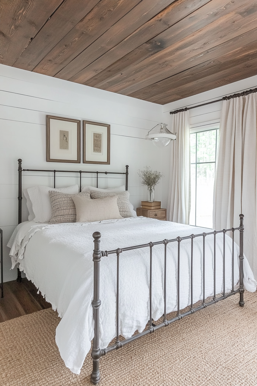 Rustic-chic bedroom. Shiplap ceiling, iron bed frame with  white washed linens.