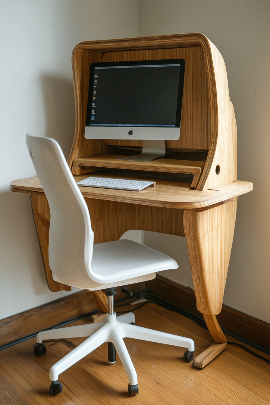 Mobile workspace design. Bamboo desk with neutral-toned ergonomic chair.