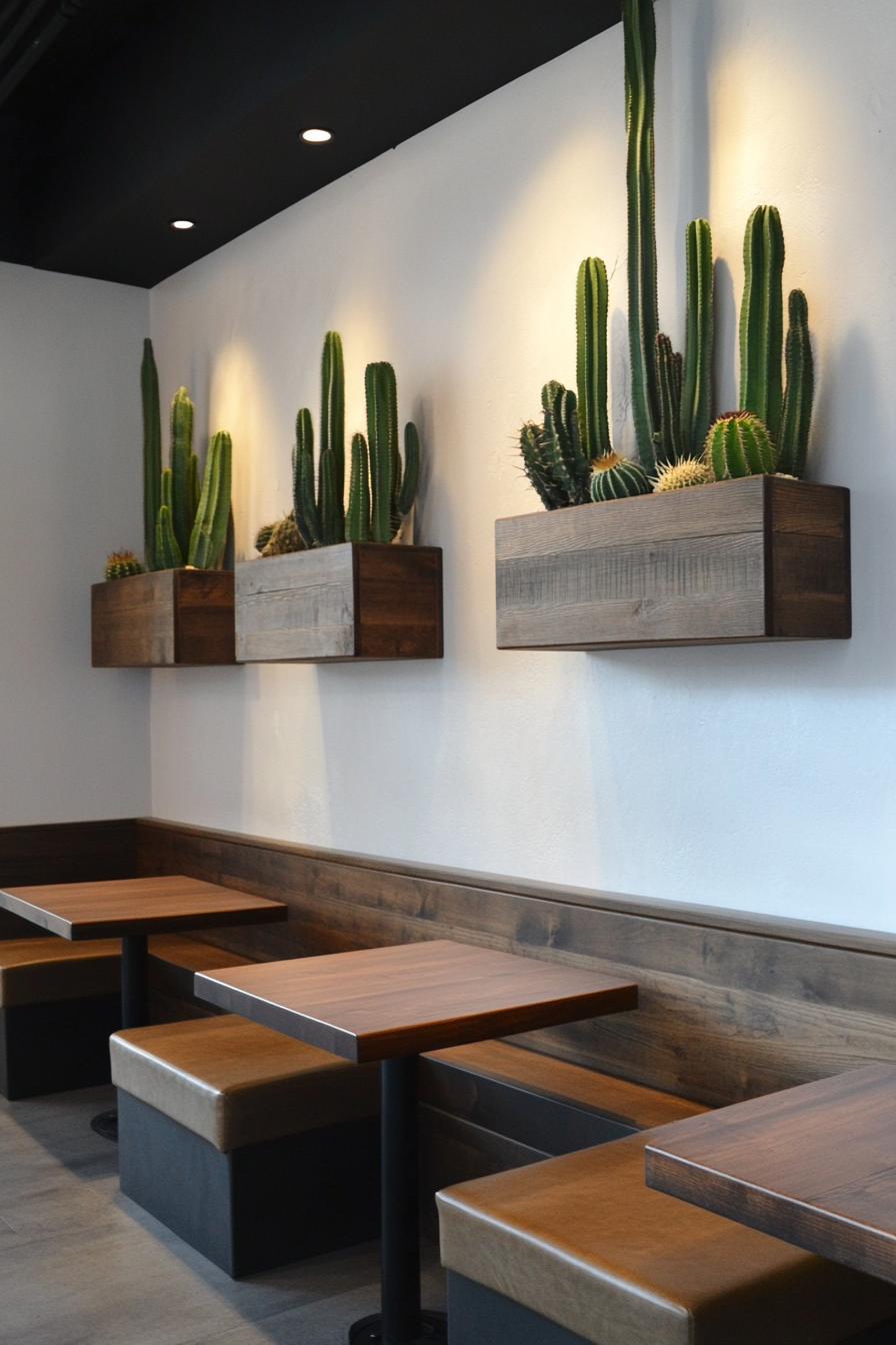 Space interior. Low-profile modular seating with cacti on walnut wall-mount shelves.