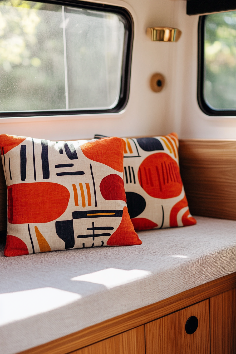 Fall RV decor. Bright red abstract print cushions on minimalist wooden furniture.