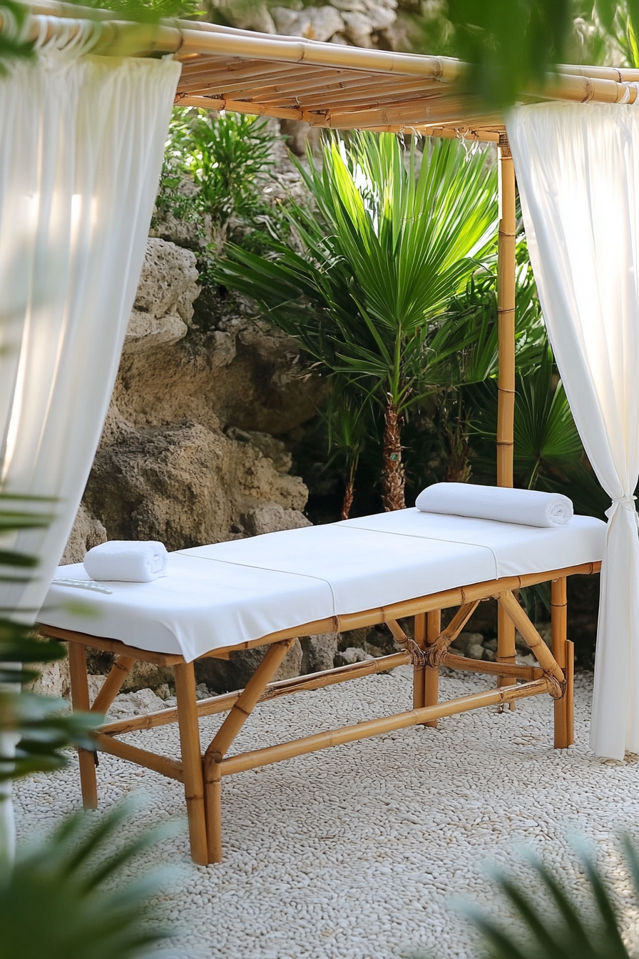 Outdoor massage table. Bamboo structure with white linen covering.