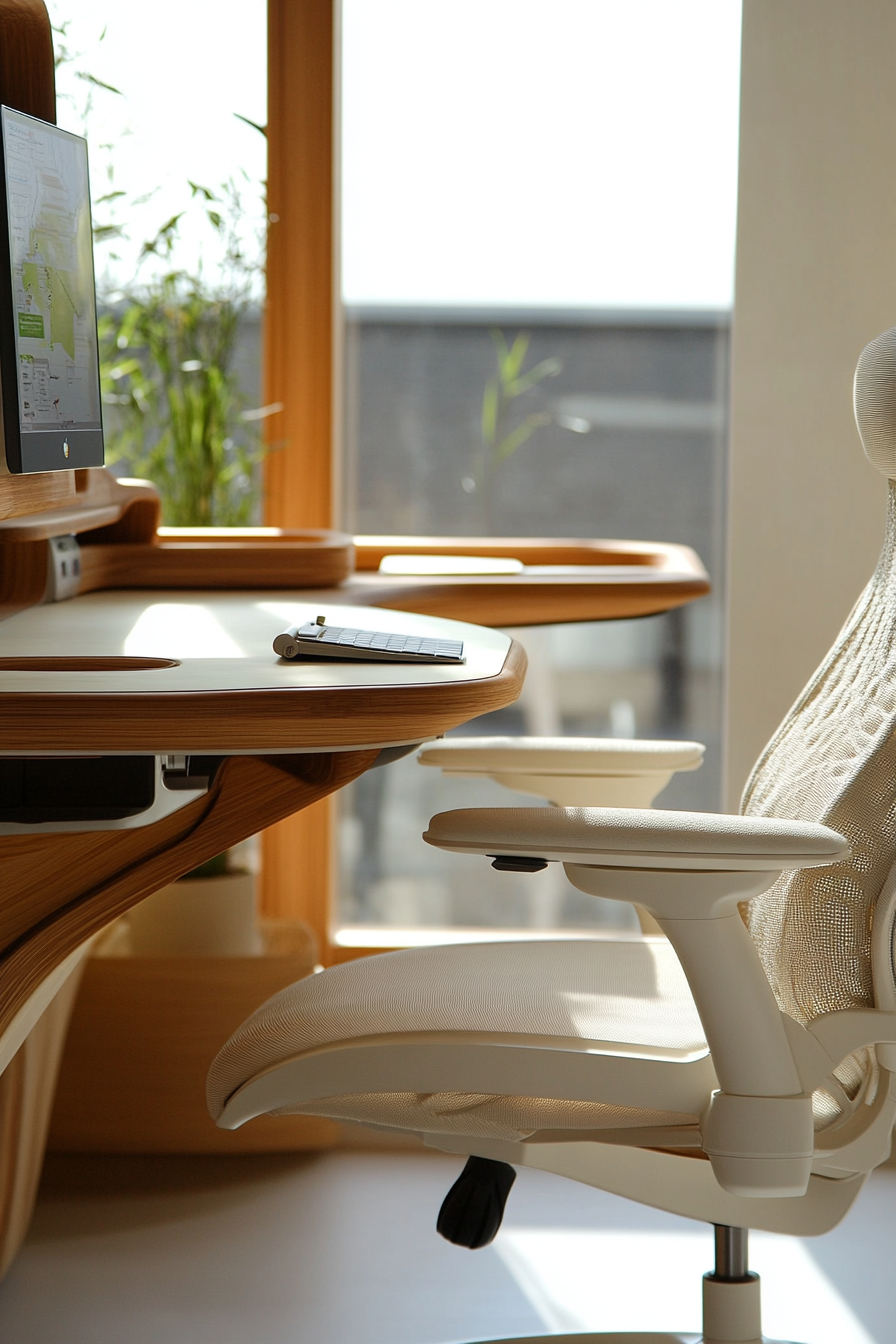 Mobile workspace design. Bamboo desk with cream-colored ergonomic chair.