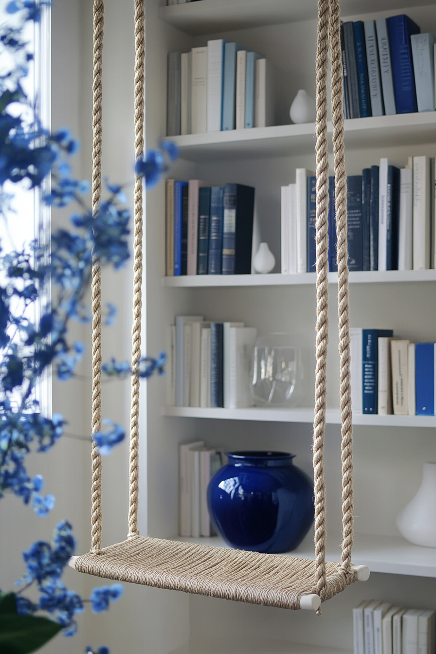 Reading sanctuary. Tall white bookshelves with cobalt blue vases, sisal rope swing chair.