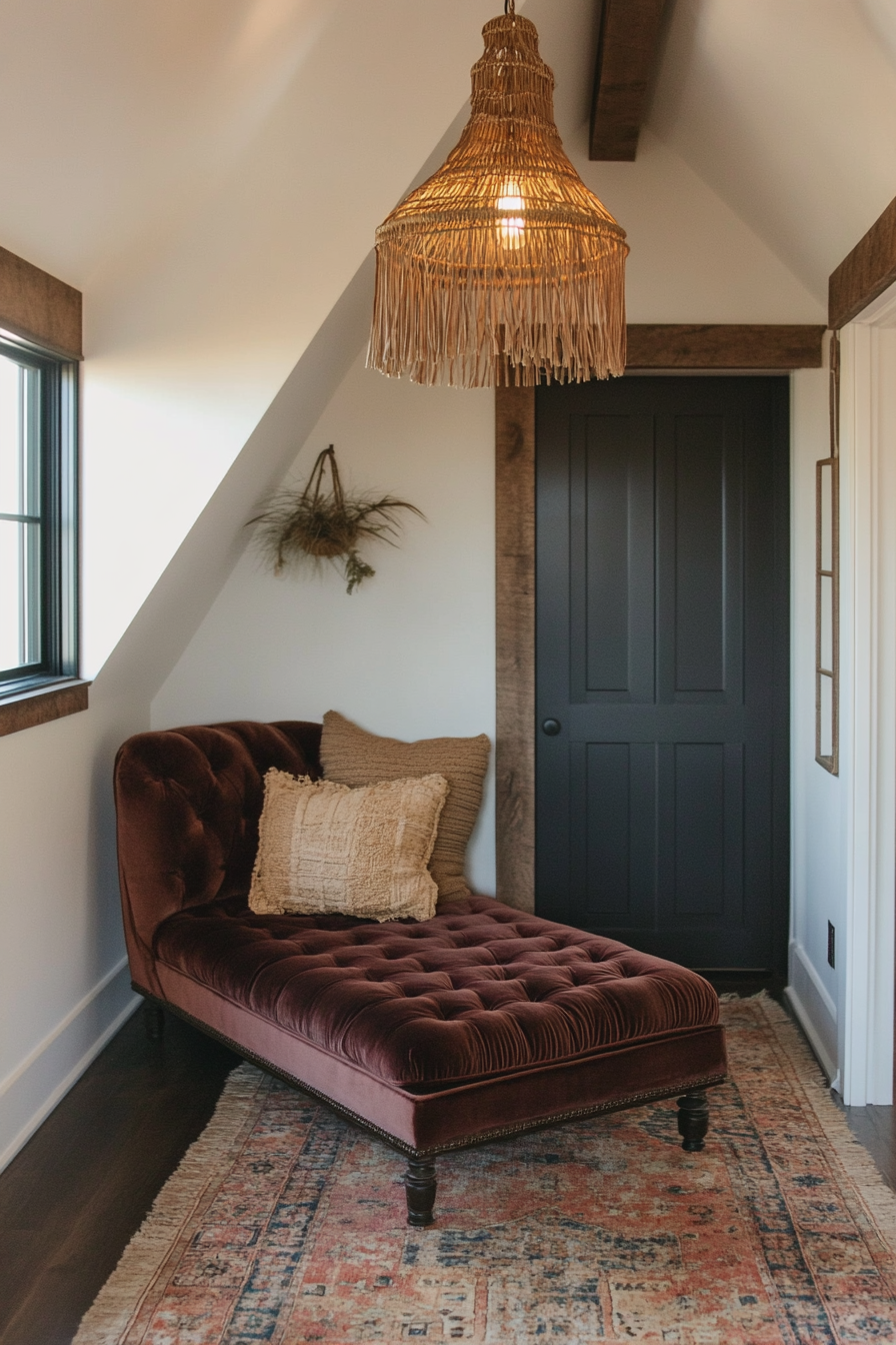 Bohemian tiny home upper level design. Velvet chaise lounge below rattan pendant light.