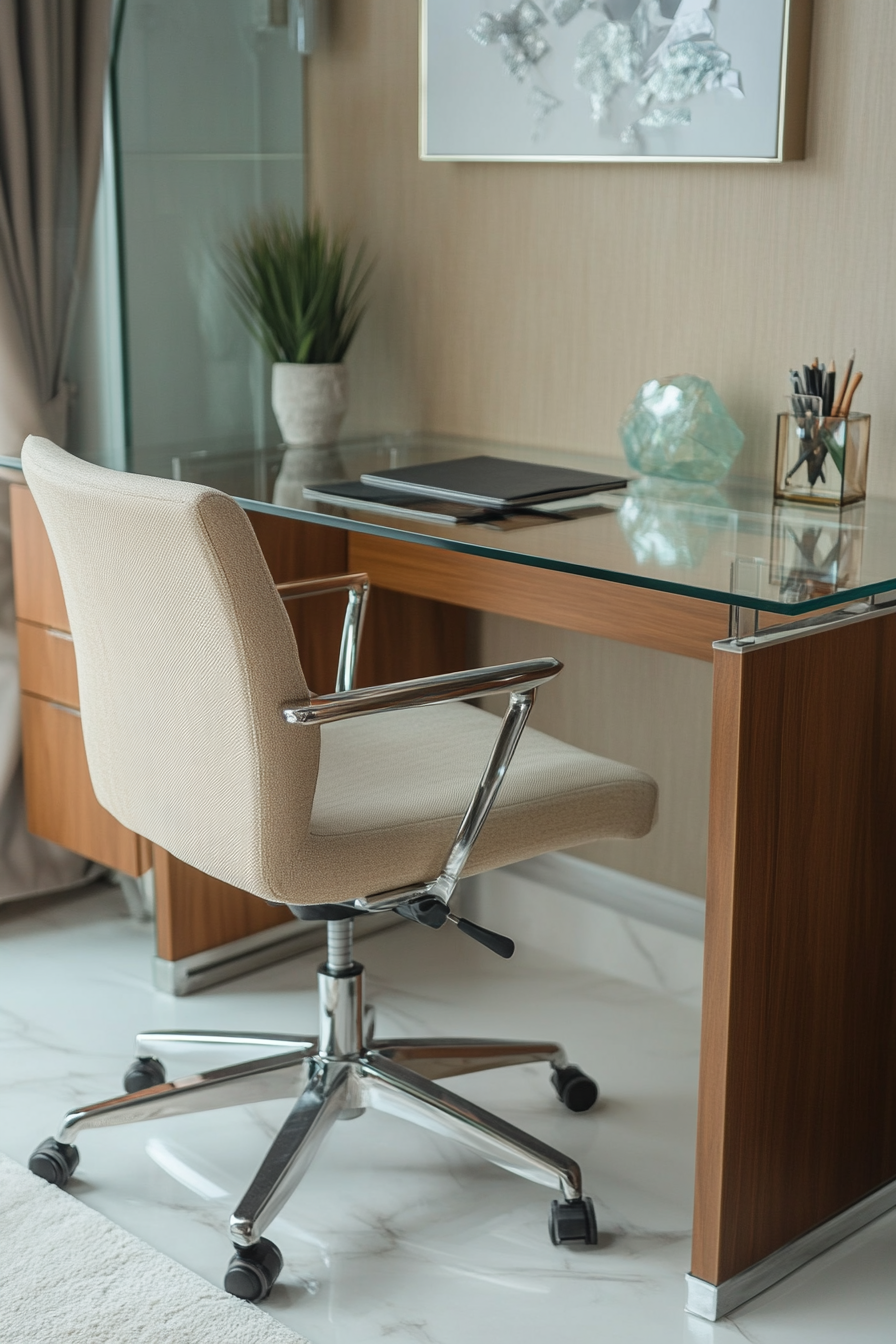 Mobile workspace design. Glass-top desk with bamboo accents and beige swivel chair.