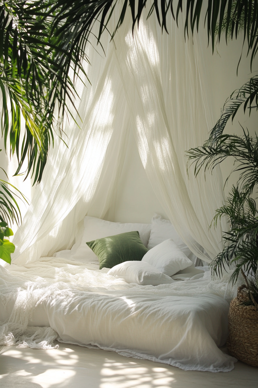 Sleeping nook. Canopy mosquito net and rhapis palm.