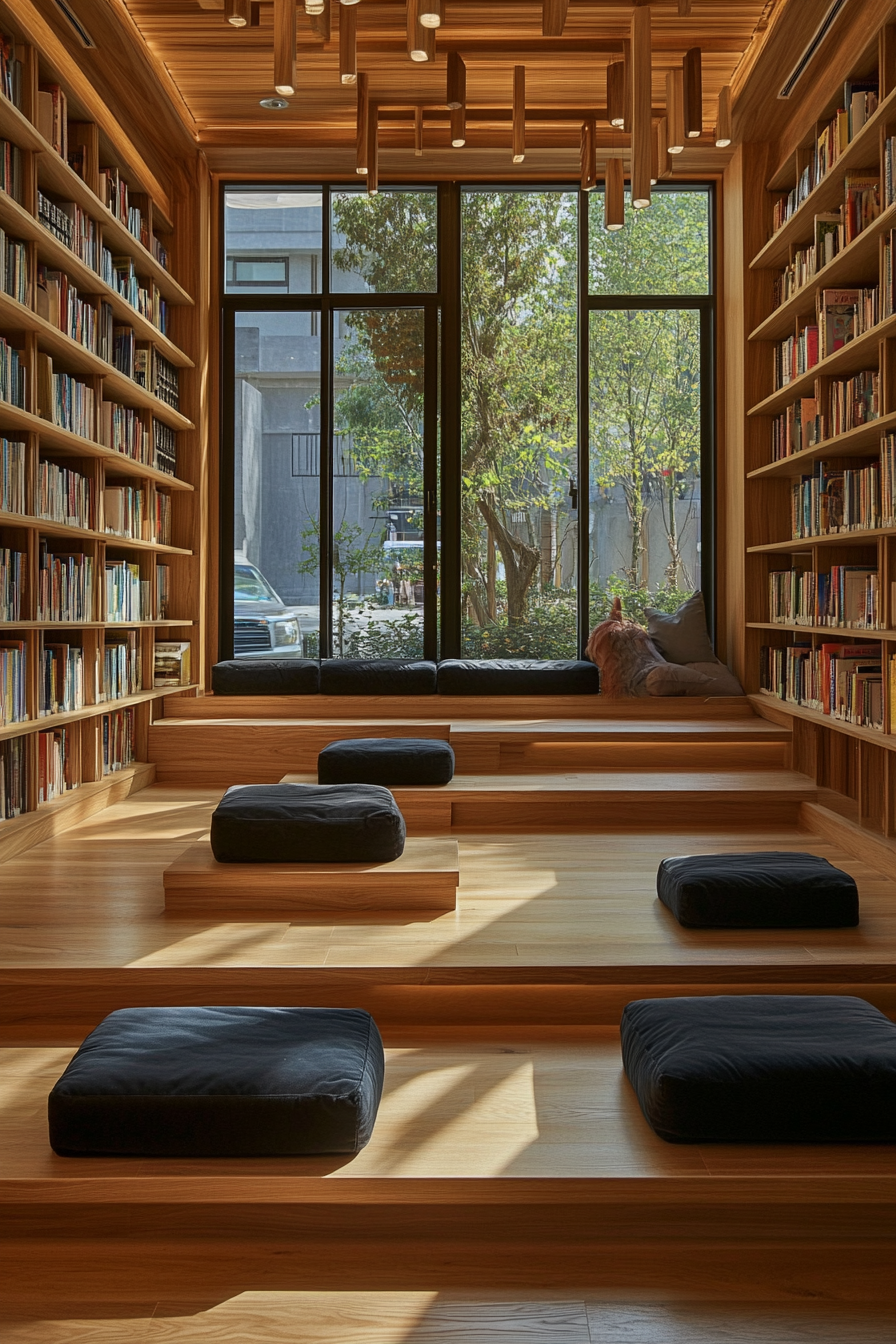 Child-sized library concept. Velvet floor cushions and low wooden bookshelf.