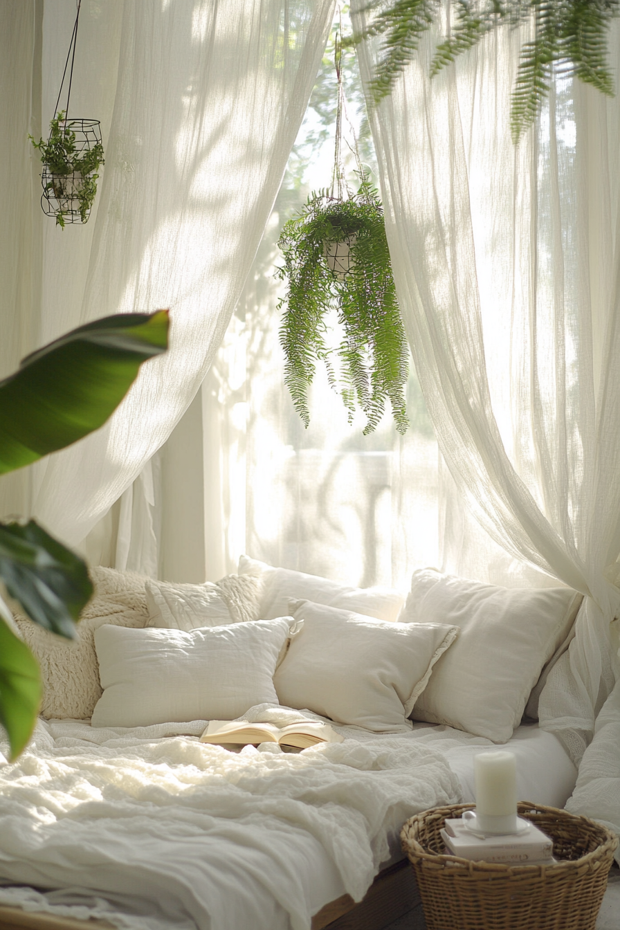 Sleeping nook, white mosquito net drapes, leafy monstera plant.